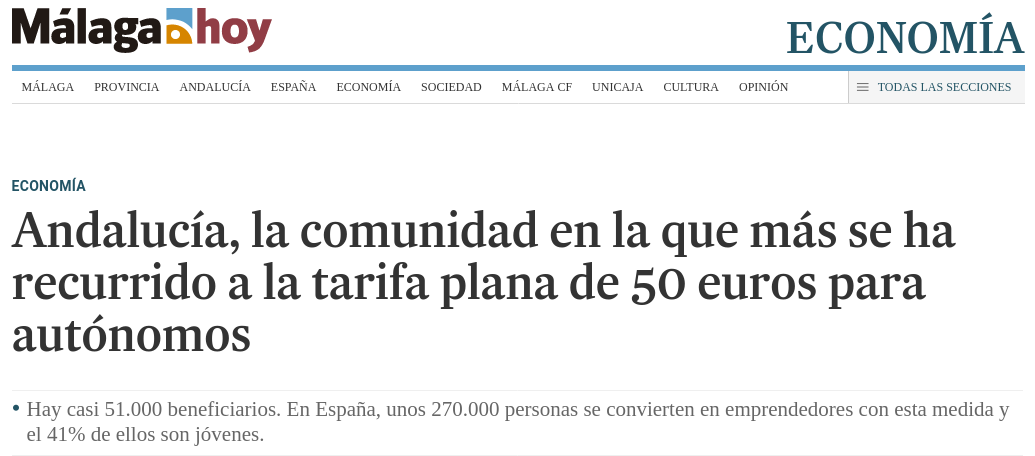 Málaga Hoy: "Andalucía, la comunidad en la que más se ha recurrido a la tarifa plana de 50 euros para autónomos"